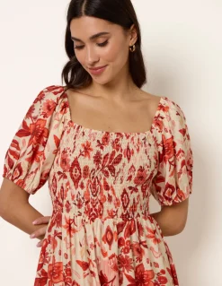Watercolour Floral Shirred Puff Sleeve Midi Dress