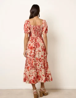 Watercolour Floral Shirred Puff Sleeve Midi Dress