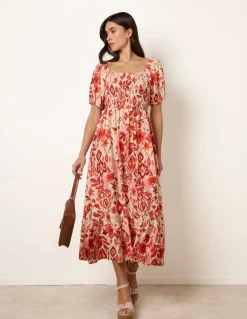 Watercolour Floral Shirred Puff Sleeve Midi Dress
