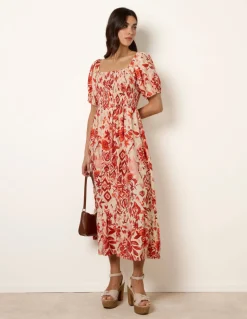 Watercolour Floral Shirred Puff Sleeve Midi Dress