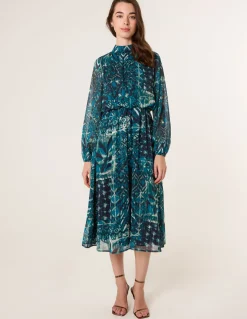 Watercolour Paisley Puffball High Neck Midi Dress