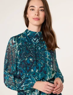 Watercolour Paisley Puffball High Neck Midi Dress