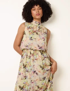 Watercolour Printed Sleeveless Midi Dress
