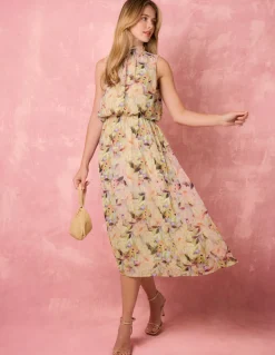 Watercolour Printed Sleeveless Midi Dress