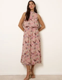 Watercolour Printed Sleeveless Midi Dress