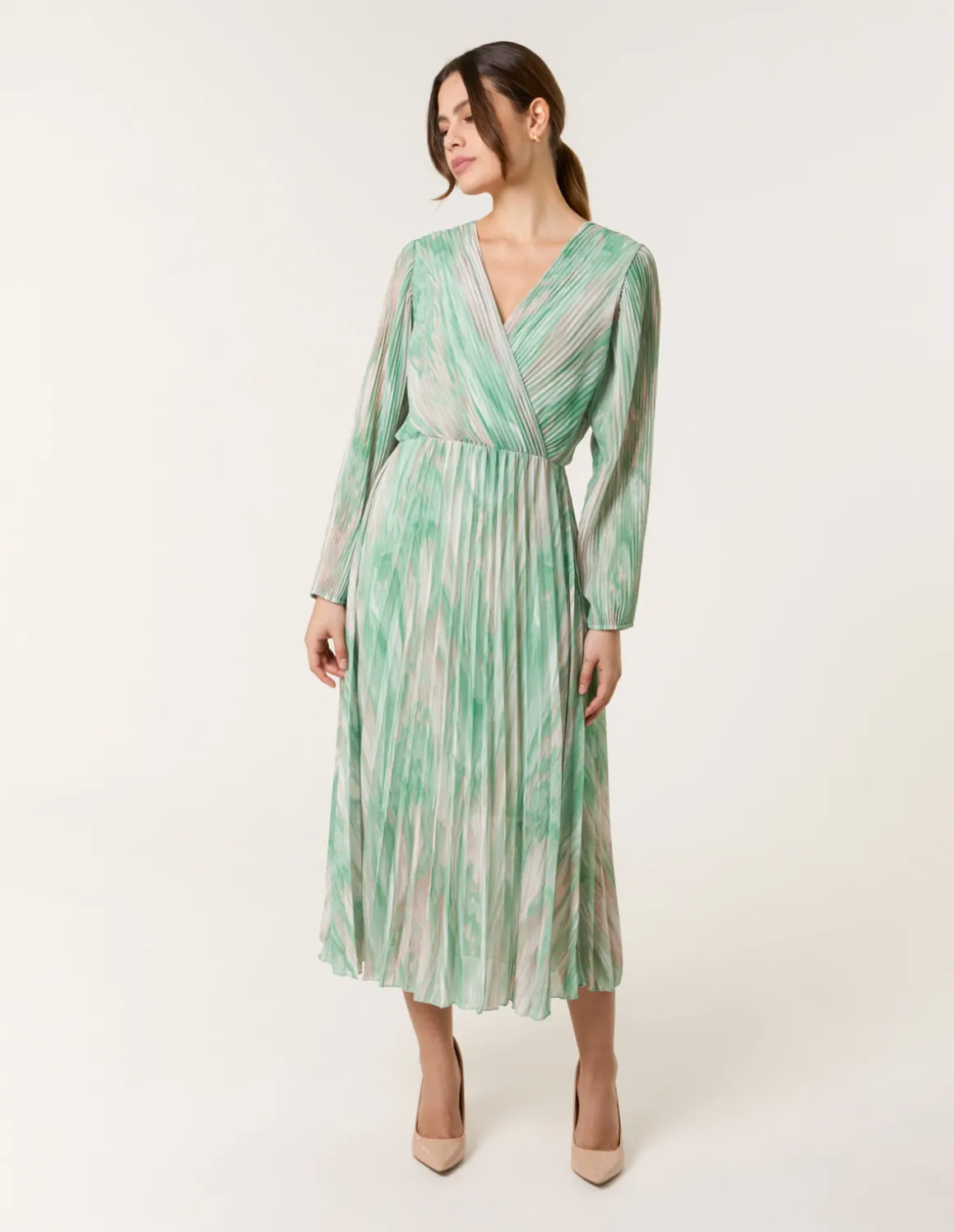 Watercolour Printed Wrap Pleated Midi Dress