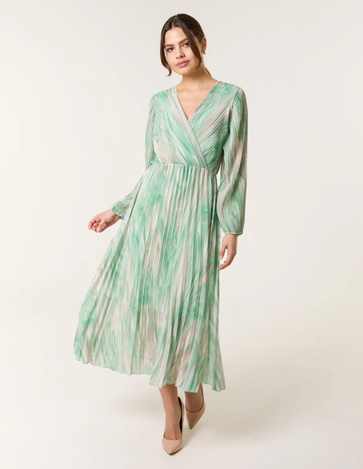 Watercolour Printed Wrap Pleated Midi Dress