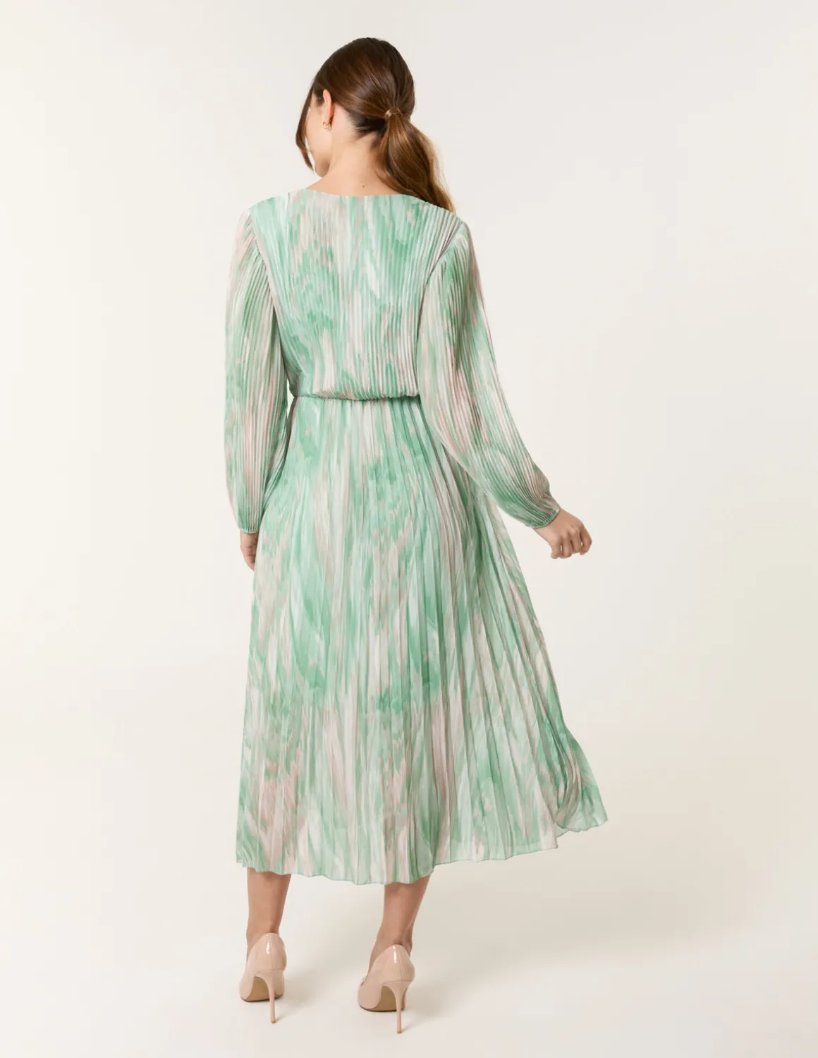 Watercolour Printed Wrap Pleated Midi Dress