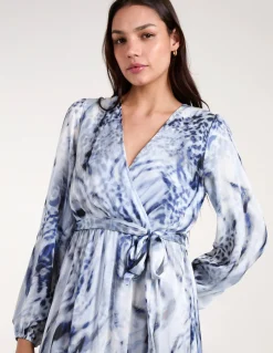 Watercolour Wrap Front Belted Midi Dress