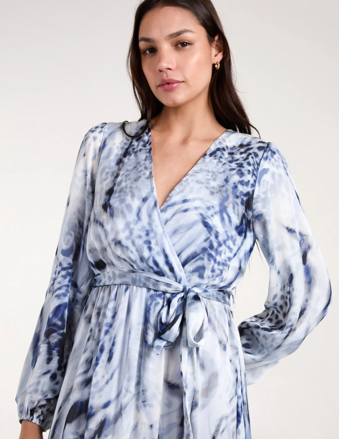 Watercolour Wrap Front Belted Midi Dress
