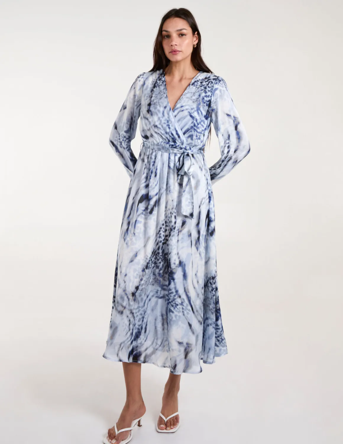 Watercolour Wrap Front Belted Midi Dress