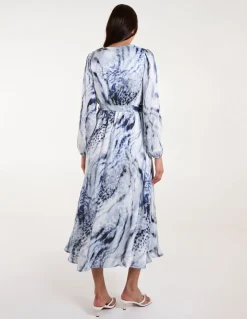 Watercolour Wrap Front Belted Midi Dress