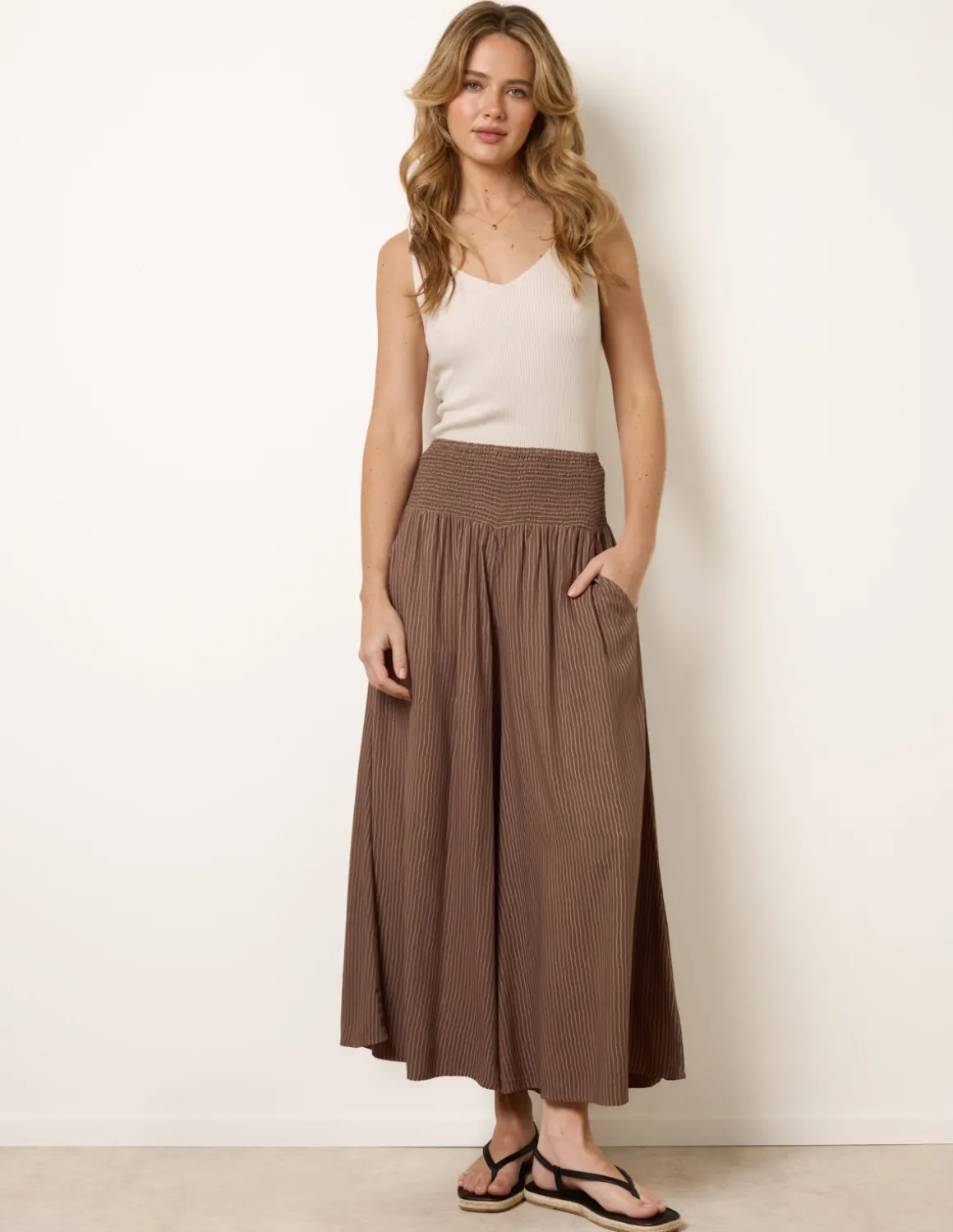 Wide Leg Shirred Waist Wavy Trousers