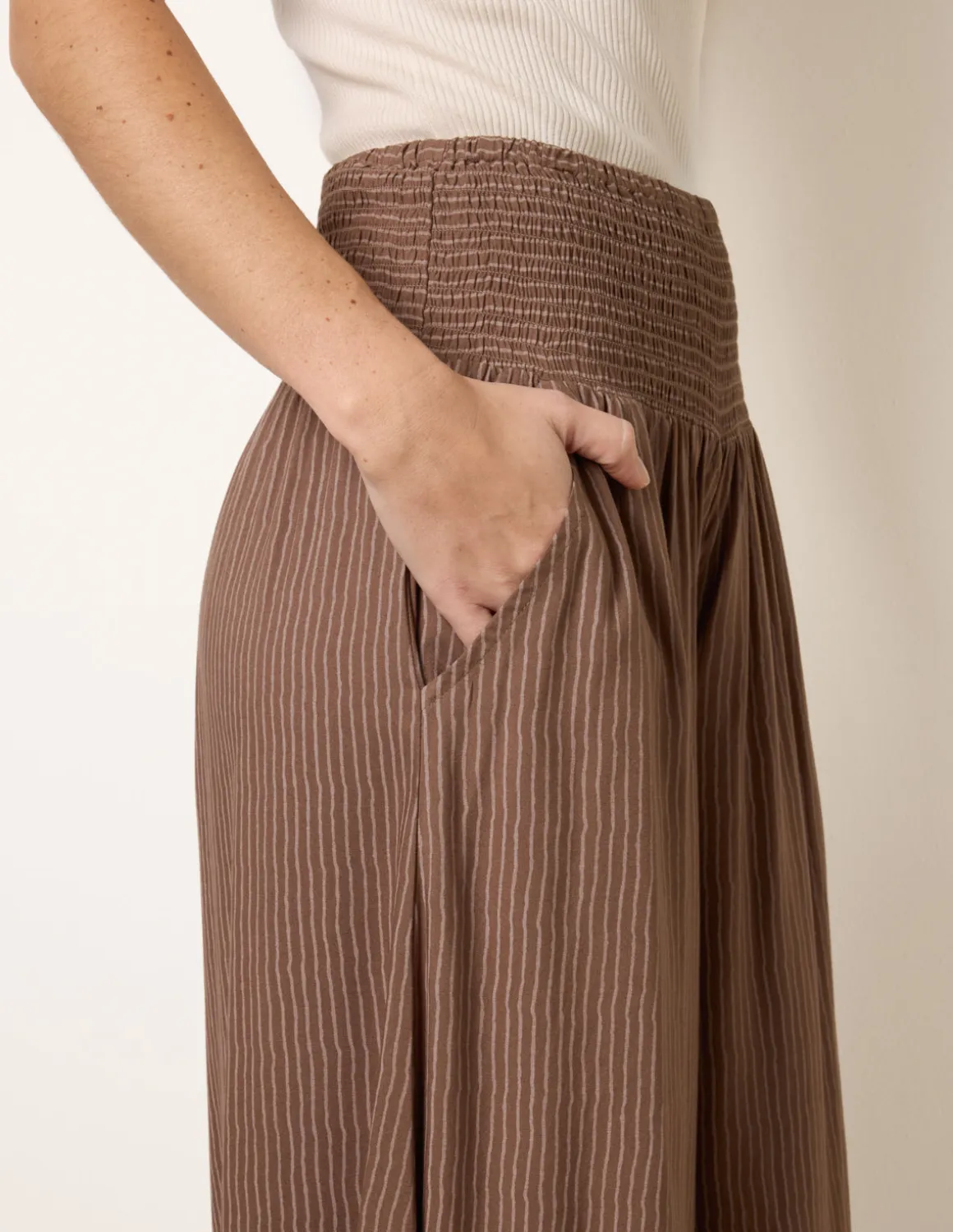 Wide Leg Shirred Waist Wavy Trousers