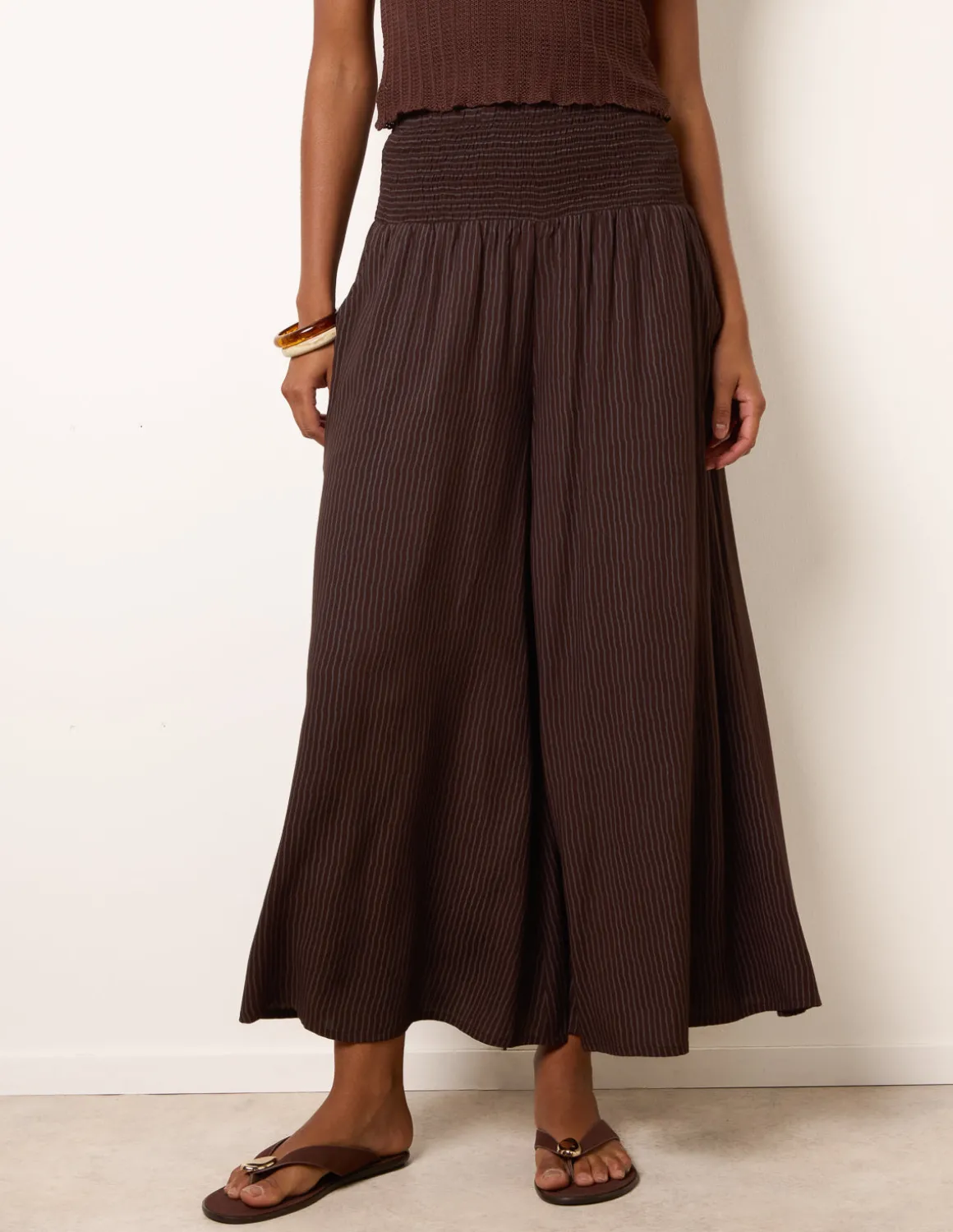 Wide Leg Shirred Waist Wavy Trousers