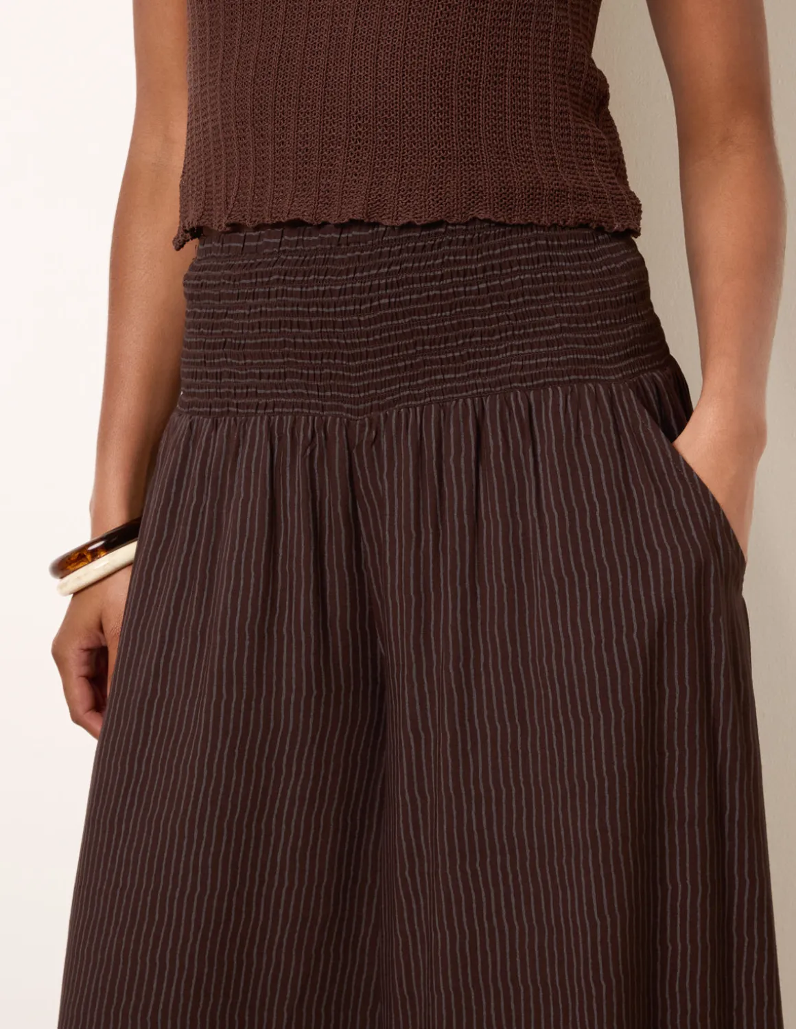 Wide Leg Shirred Waist Wavy Trousers