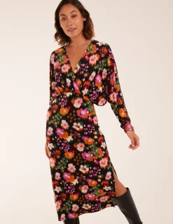 Wrap Batwing Floral Midi Dress With Side Split