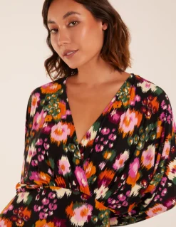 Wrap Batwing Floral Midi Dress With Side Split