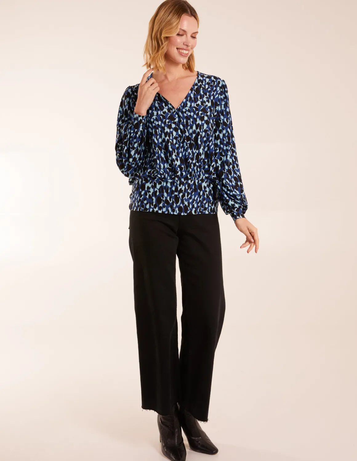 Wrap Front Leopard Print Deep Hem Band Top