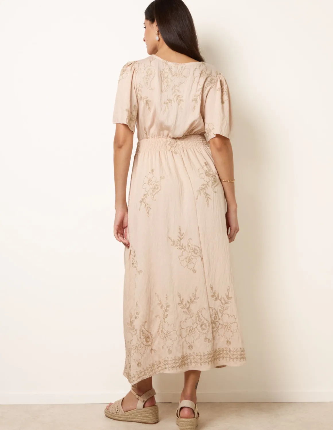 Wrap Front Metallic Embroidery Floral Dress
