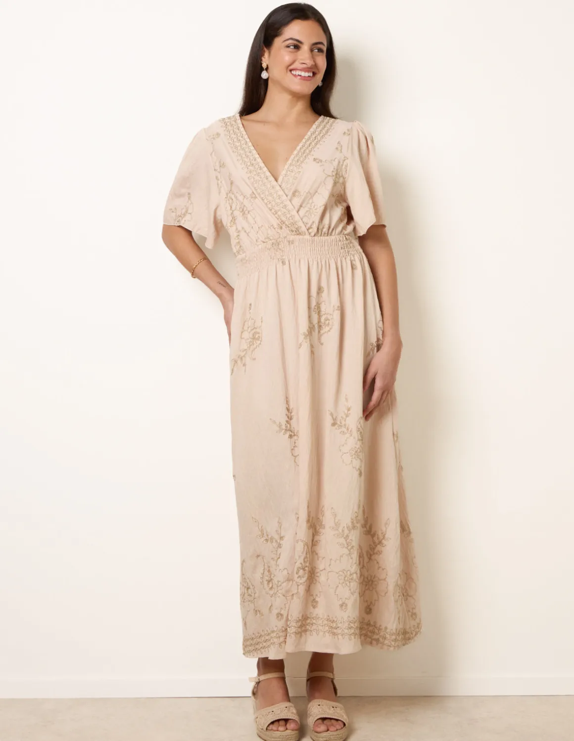 Wrap Front Metallic Embroidery Floral Dress