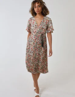 Wrap Front Pleated Hem Dress With Angel Sleeves