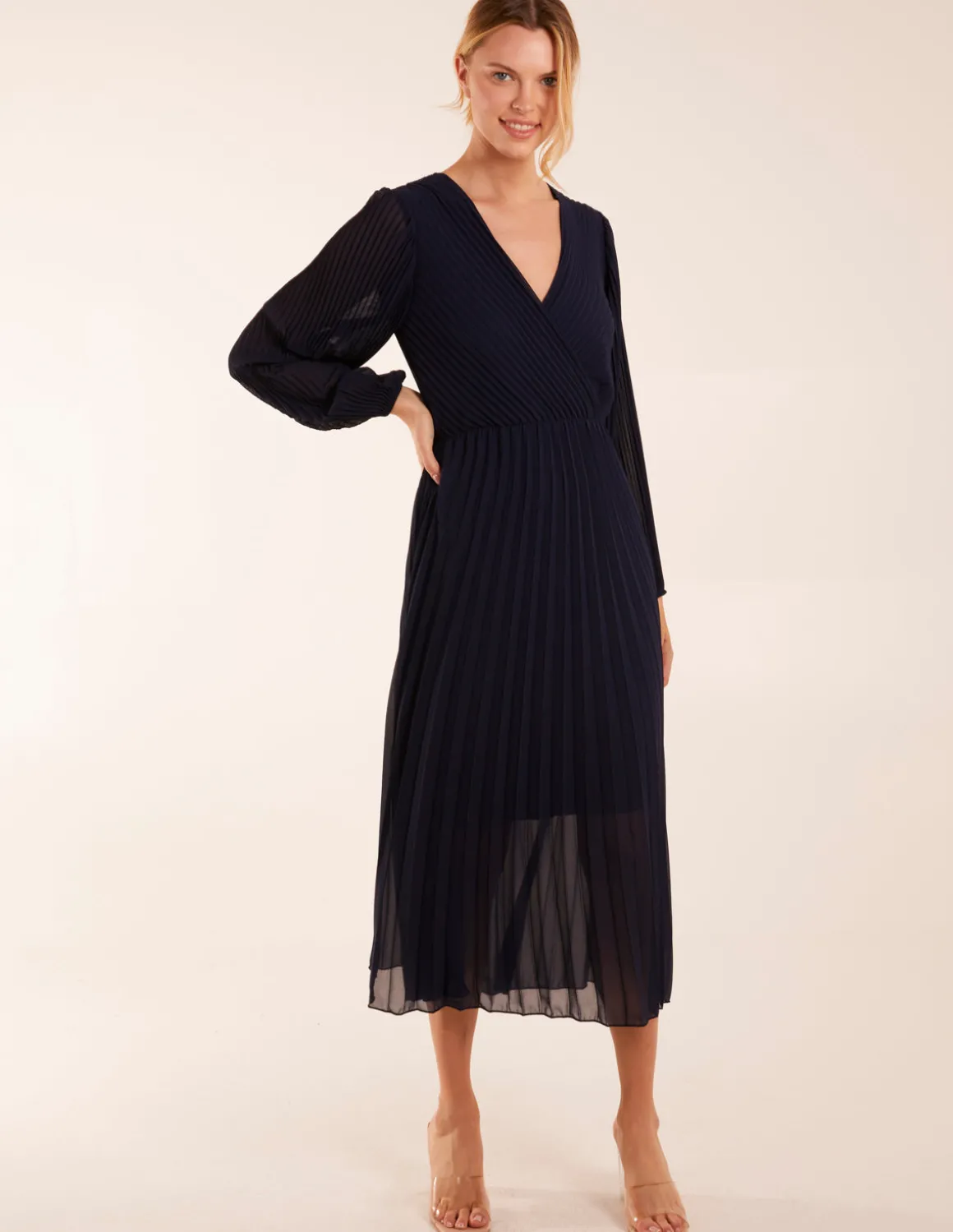 Wrap Front Pleated Midi Dress