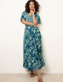 Wrap Over Angel Sleeve Shirred Maxi Dress