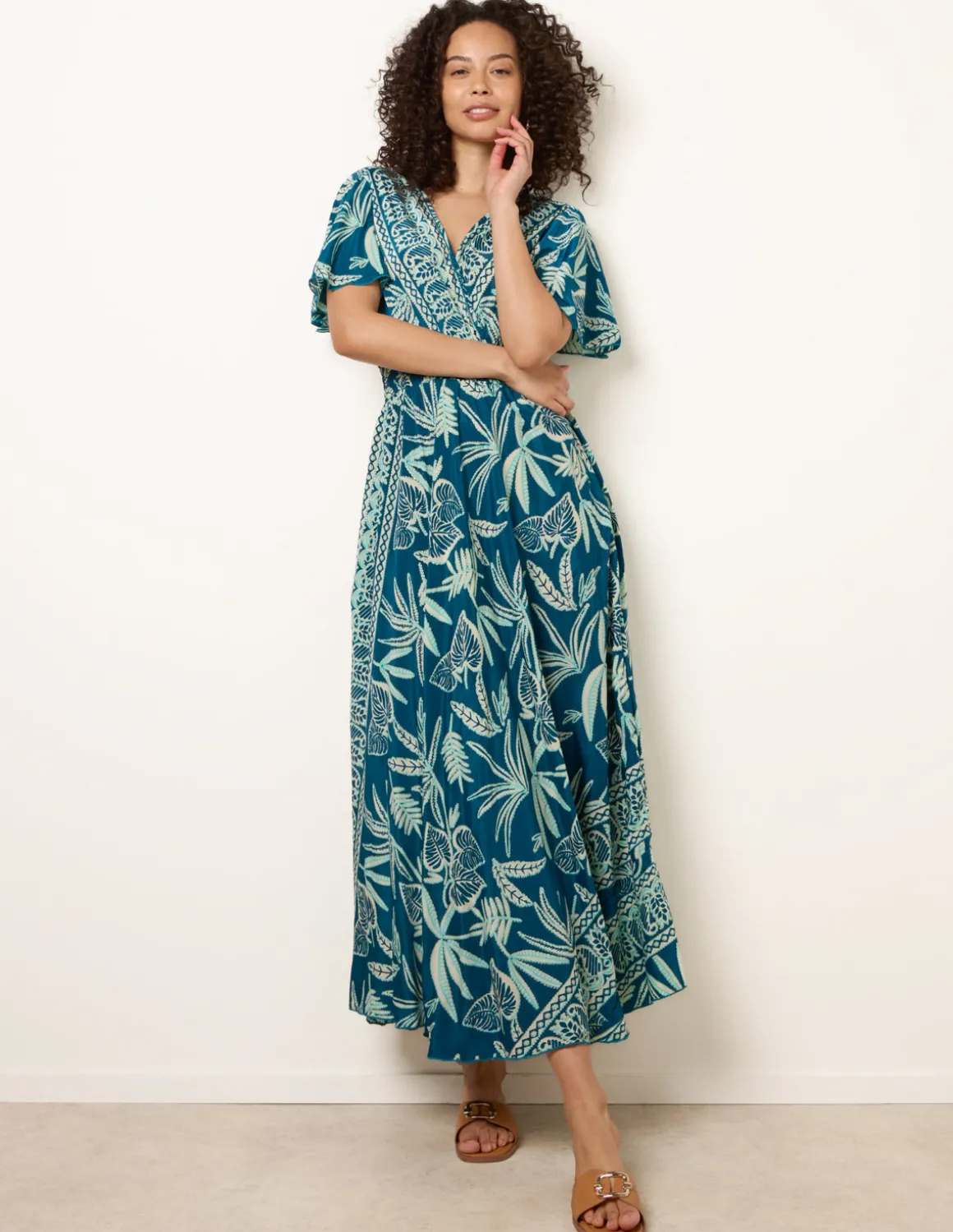 Wrap Over Angel Sleeve Shirred Maxi Dress