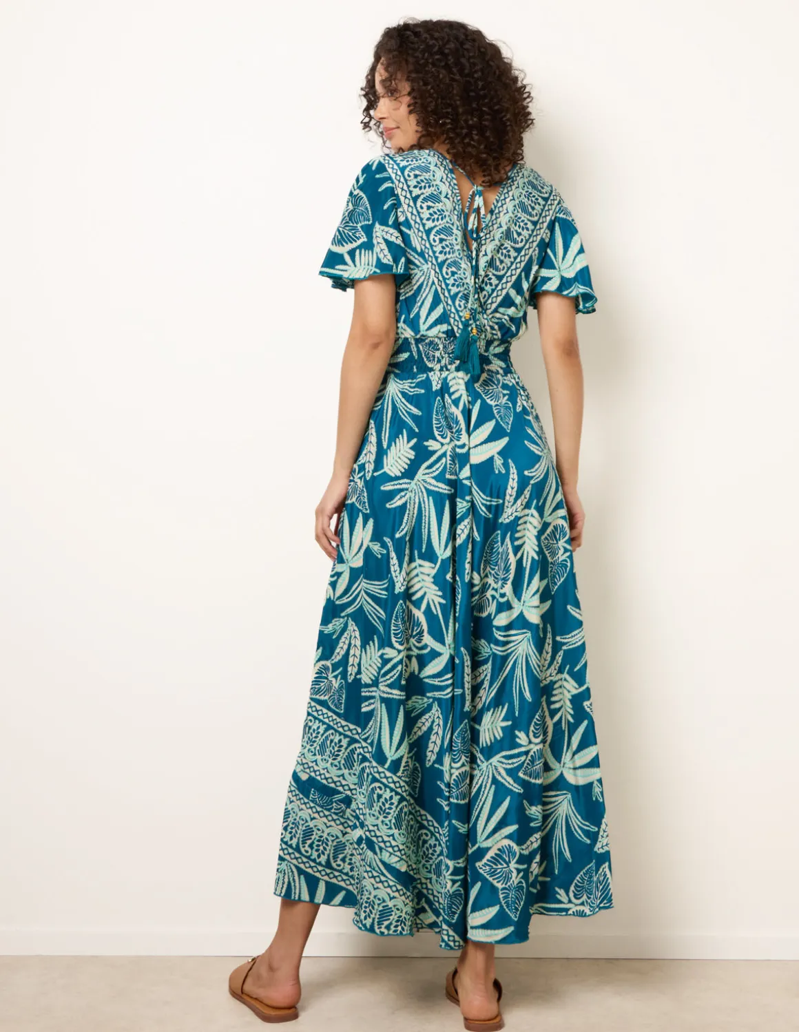 Wrap Over Angel Sleeve Shirred Maxi Dress