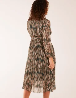 Wrap Over Metallic Vertical Print Dress