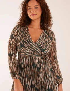 Wrap Over Metallic Vertical Print Dress