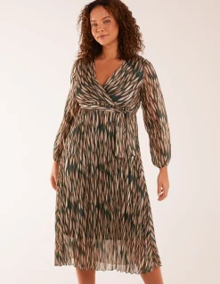 Wrap Over Metallic Vertical Print Dress
