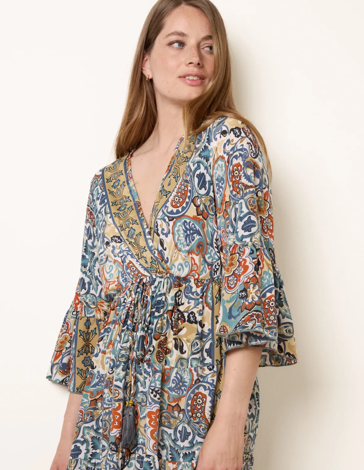 Wrap Over Tiered Art Silk Dress