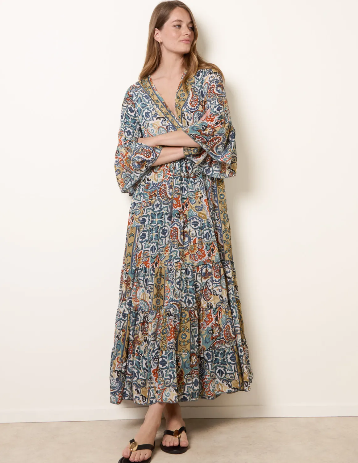 Wrap Over Tiered Art Silk Dress