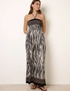 Zebra Print Halter Neck Shirred Waist Jumpsuit
