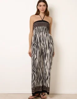 Zebra Print Halter Neck Shirred Waist Jumpsuit