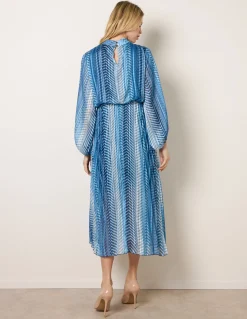 Zig Zag Metallic High Neck Puffball Pleated Dress