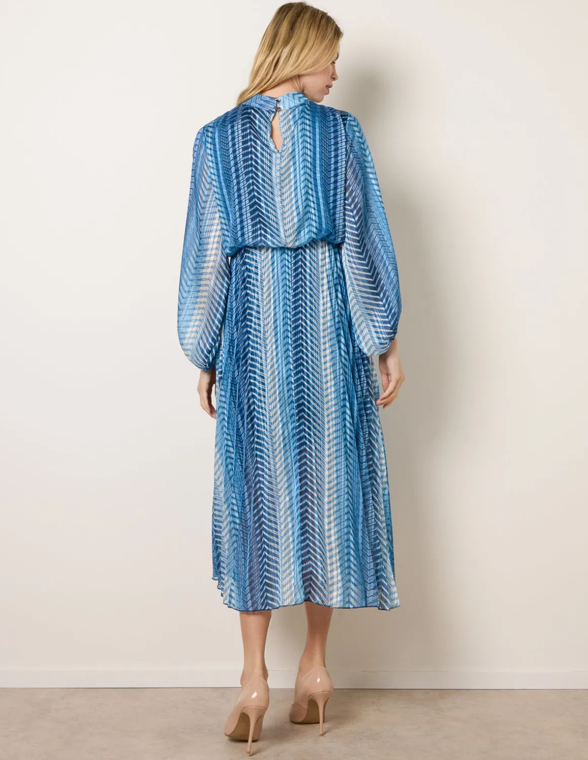 Zig Zag Metallic High Neck Puffball Pleated Dress