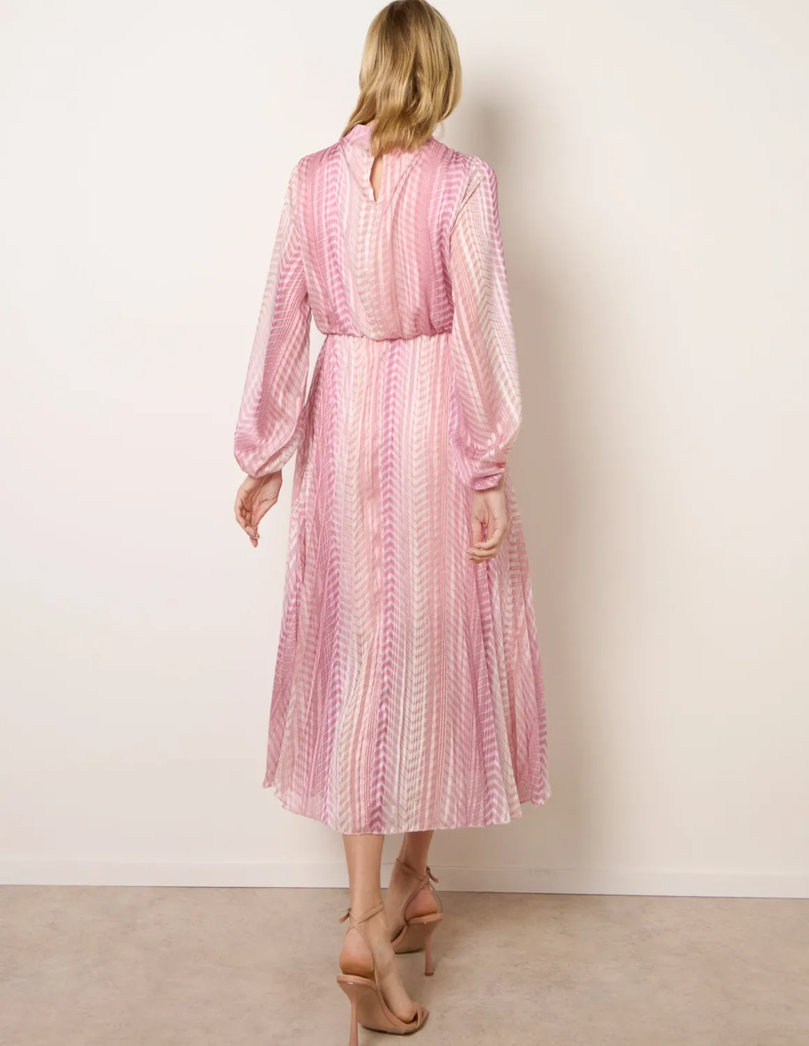 Zig Zag Metallic High Neck Puffball Pleated Dress