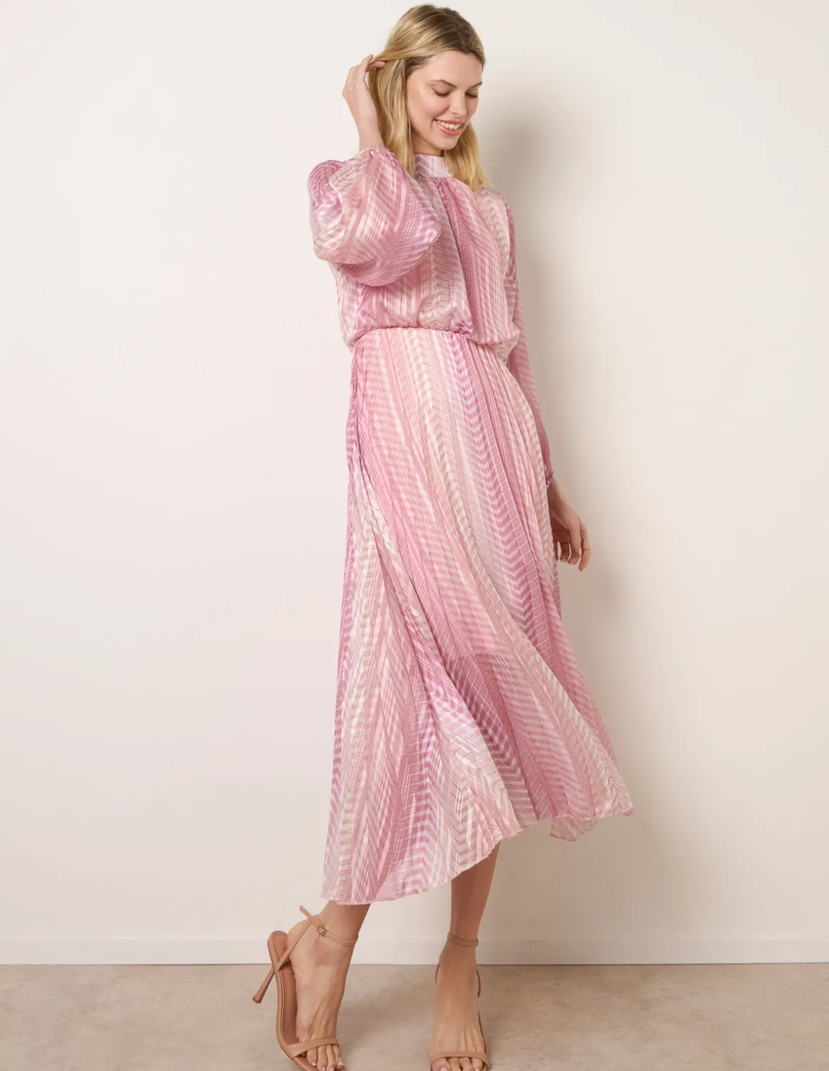 Zig Zag Metallic High Neck Puffball Pleated Dress